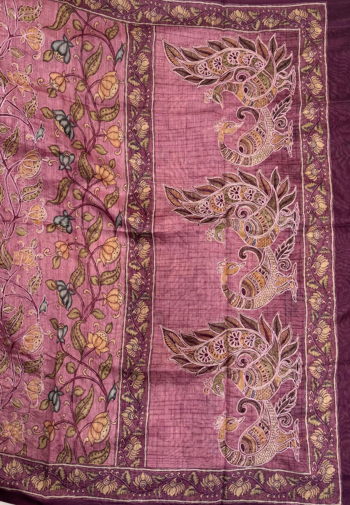Chanderi Saree-Pink In Floral Peacock Border