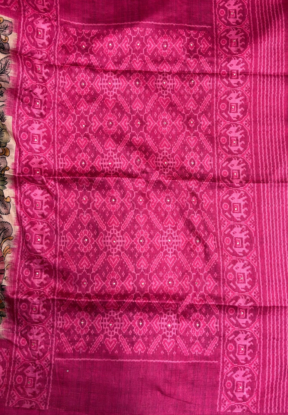 Pashmina Tussar Saree-Pink in Kalamkari Floral & Peacock Border