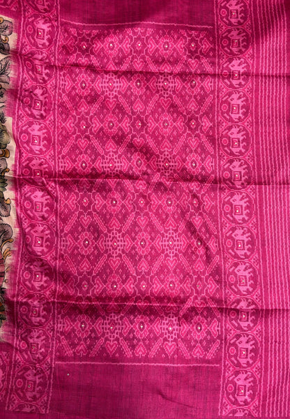 Pashmina Tussar Saree-Pink in Kalamkari Floral & Peacock Border