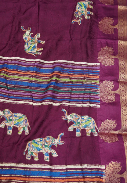 Chiffon Saree-Wine with Tree Zari