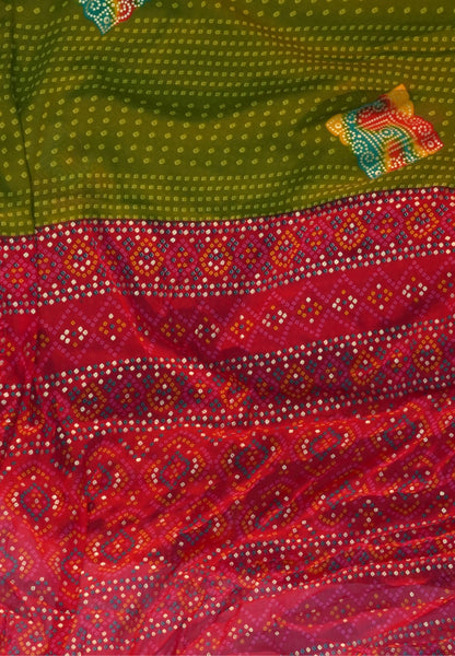 Chiffon Saree-Olive Green in Diamond Bandhini Pattern