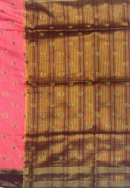 Soft Jute Saree-Peach Pink-Maroon
