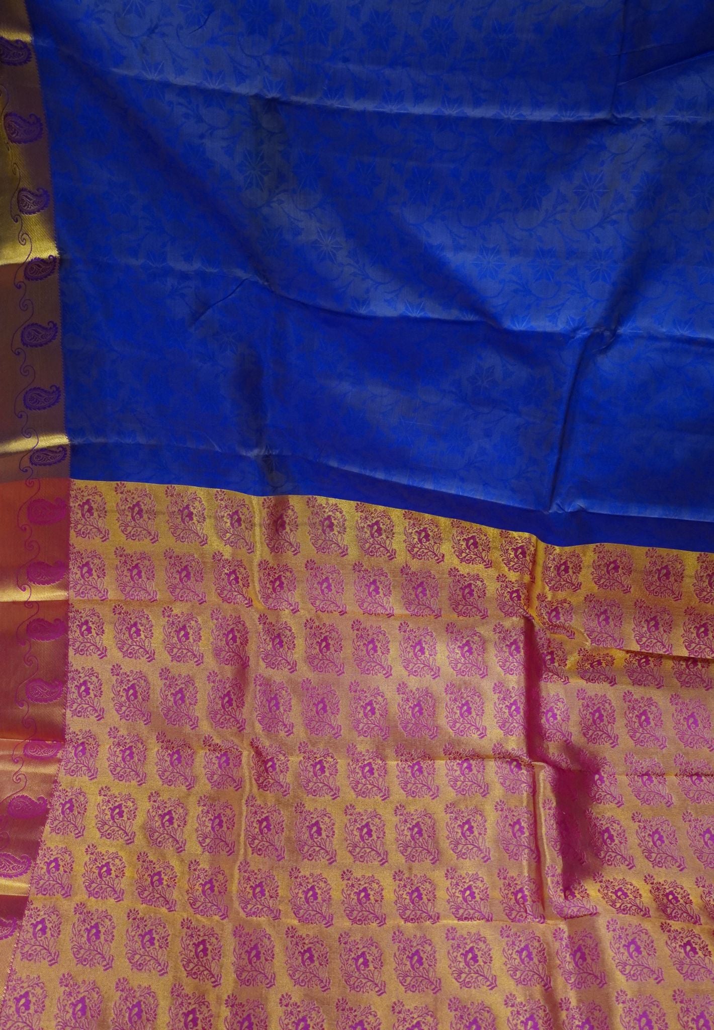 Pure Kanchipuram Silk Saree-Royal Blue with Contrast Magenta Border