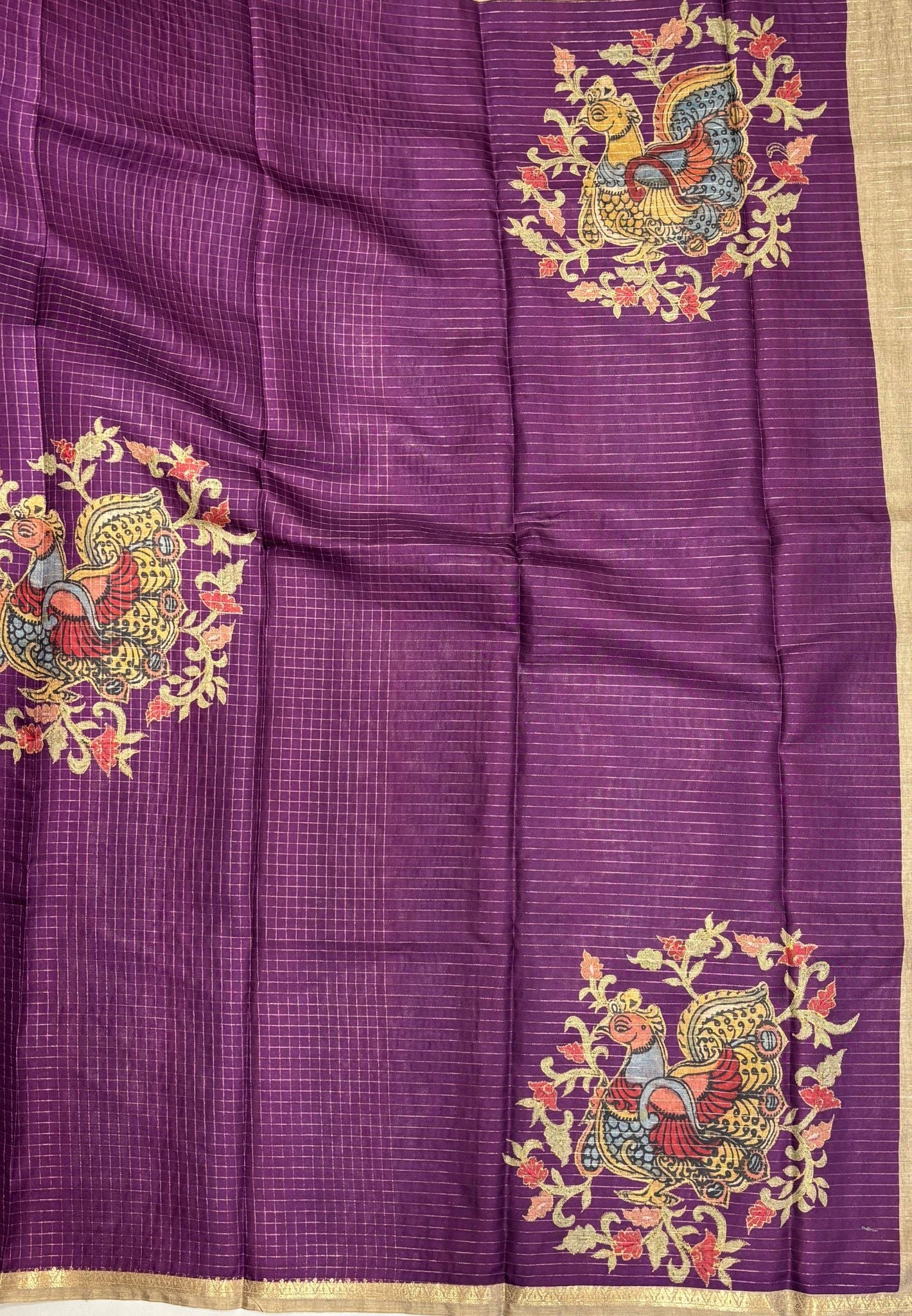 Soft Tussar Saree-Purple In Kalamkari Peacock Border