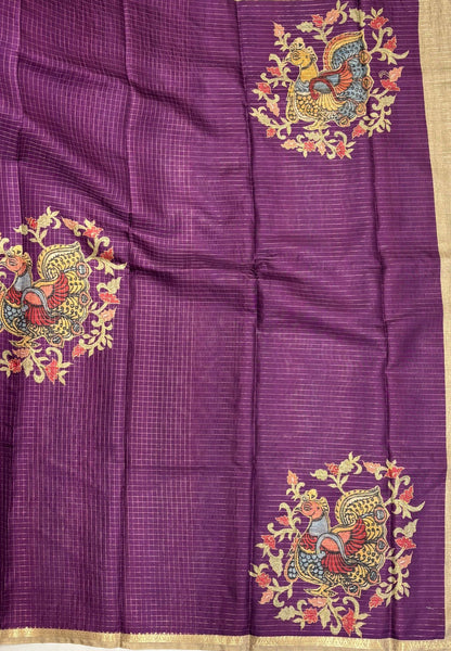 Soft Tussar Saree-Purple In Kalamkari Peacock Border