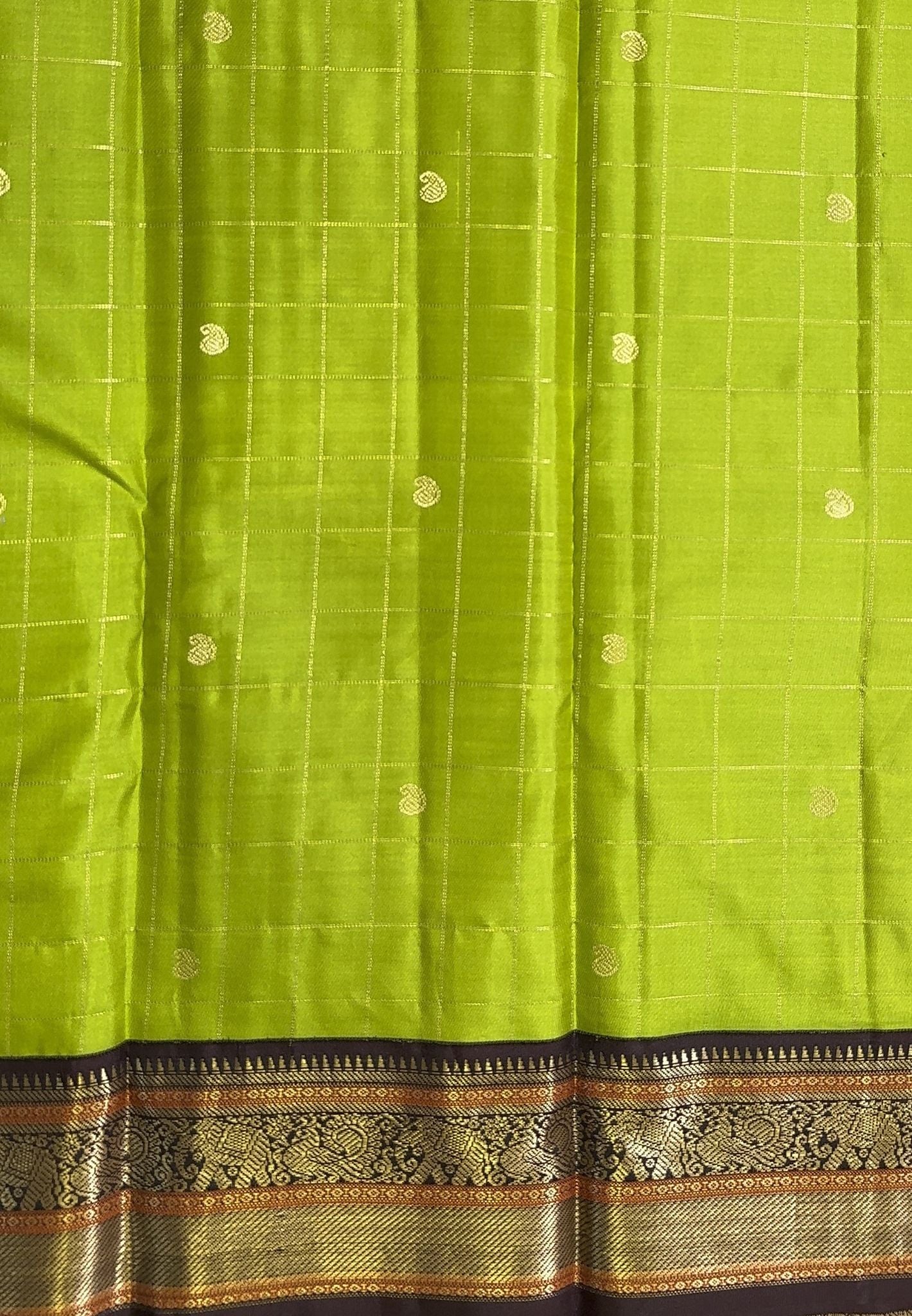 Pure Kanchipuram Silk Saree-Light Green in Checkered Zari with Contrast Border