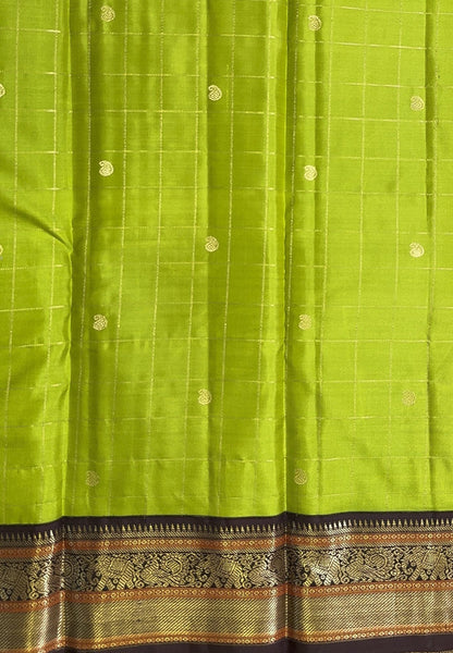 Pure Kanchipuram Silk Saree-Light Green in Checkered Zari with Contrast Border