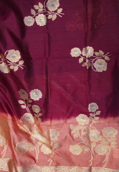 Semi Tussar Saree with Floral Zari Weaving - Maroon
