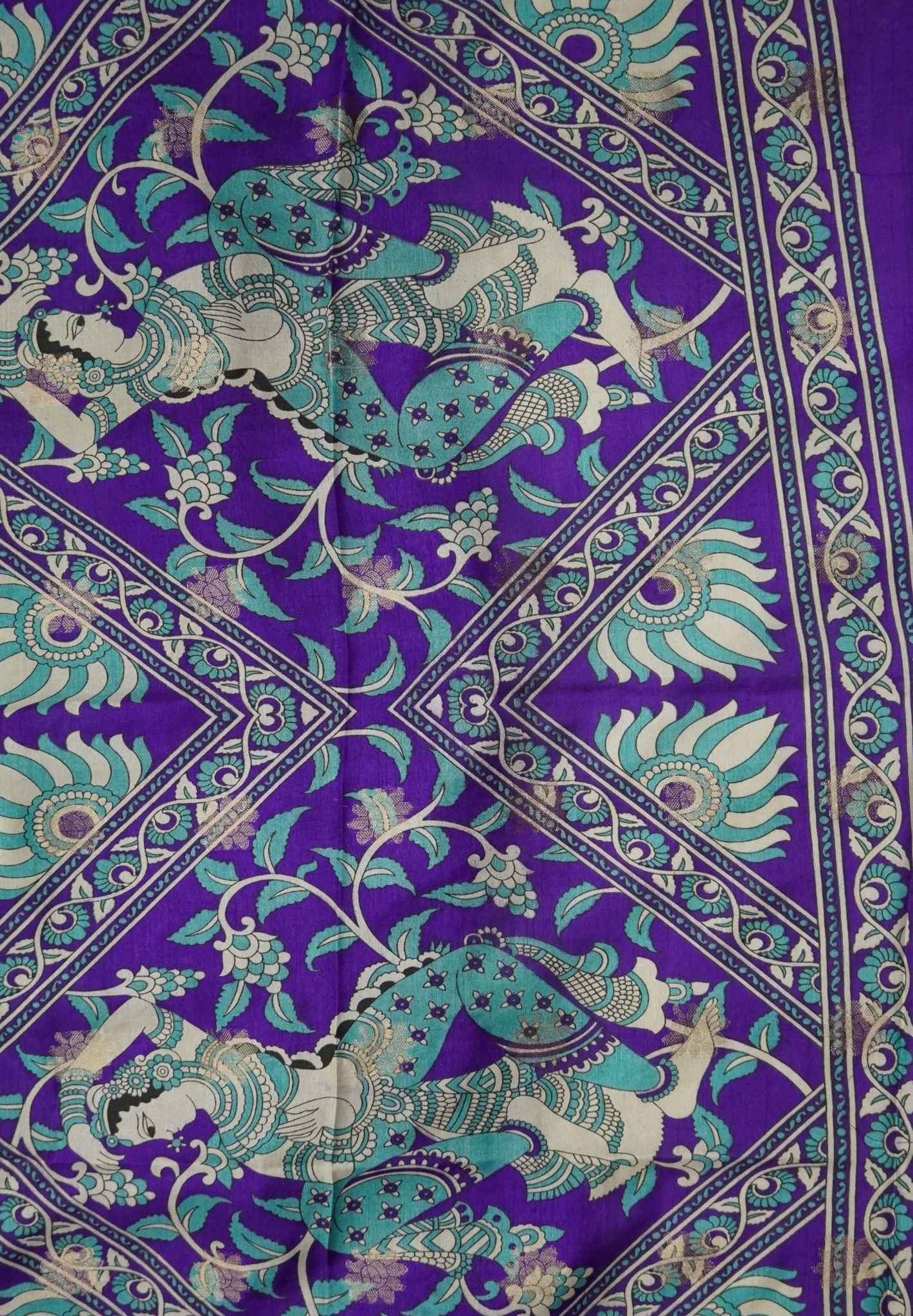 Dola Saree with Checks and Contrast Border- Green - Violet