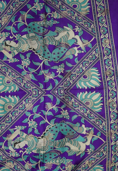Dola Saree with Checks and Contrast Border- Green - Violet
