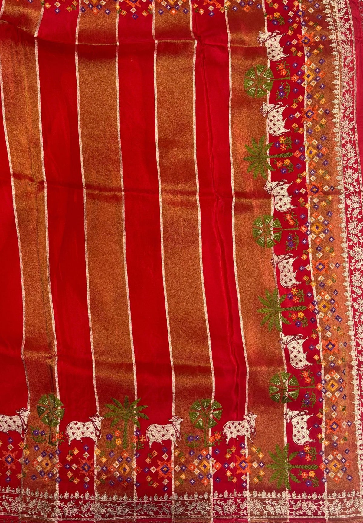 Satin Crepe Saree-Red In Komatha Floral Border