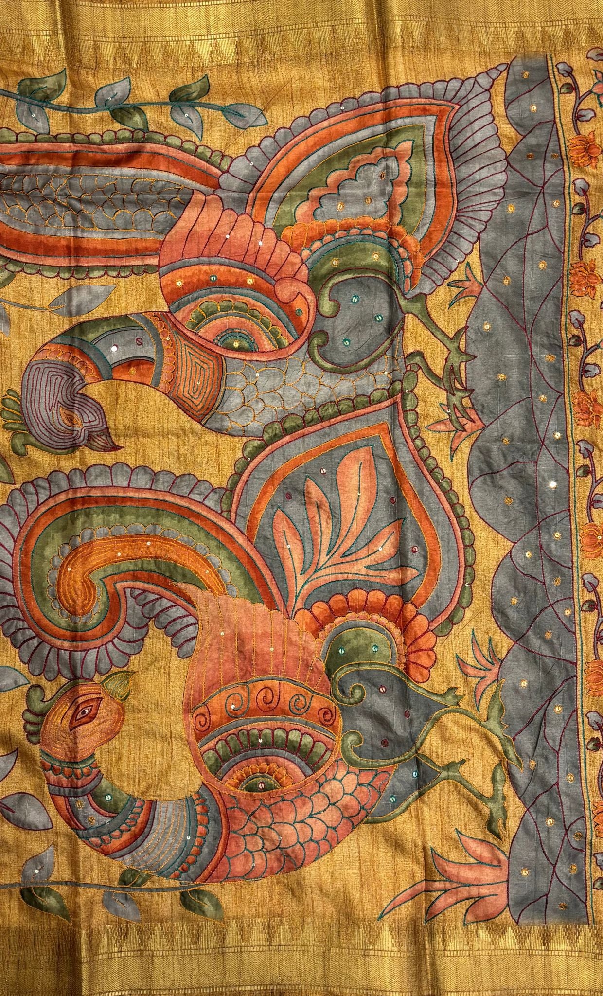 Semi Tussar Saree-Mustard In Twin Peacock