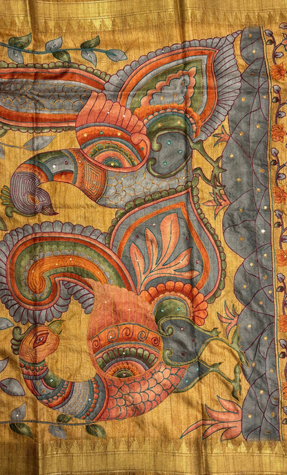 Semi Tussar Saree-Mustard In Twin Peacock