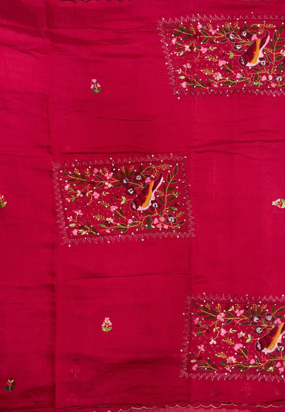 Muslin Saree-Rani Pink In Parrot Motif Border