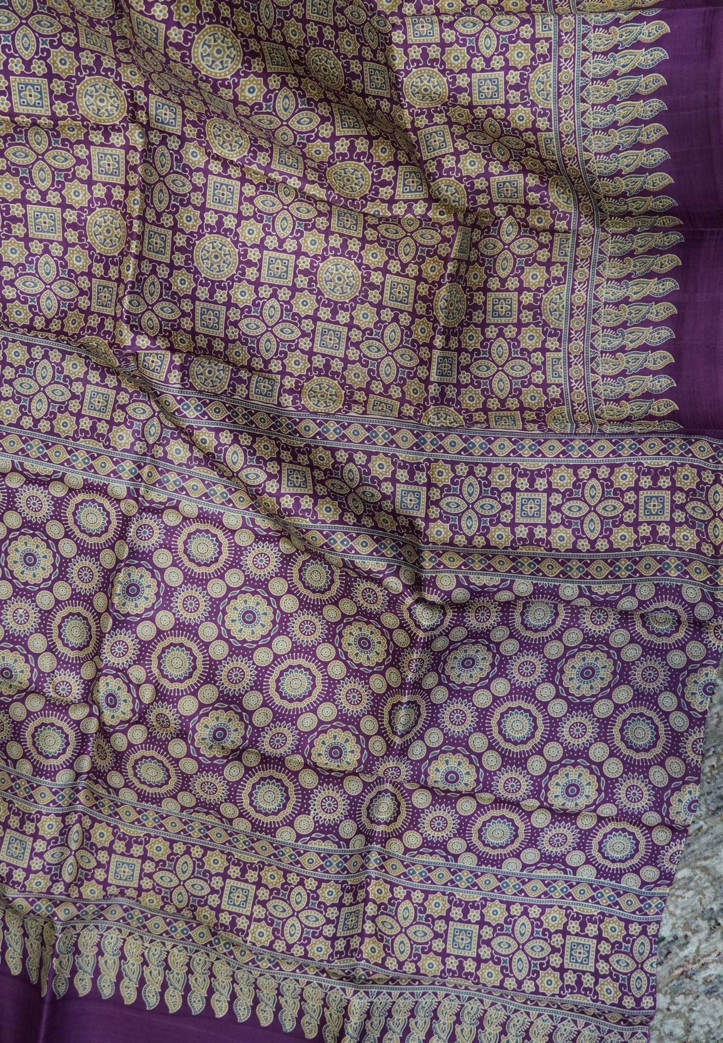 Pure Tussar Silk Saree – Purple Ajrakh Print
