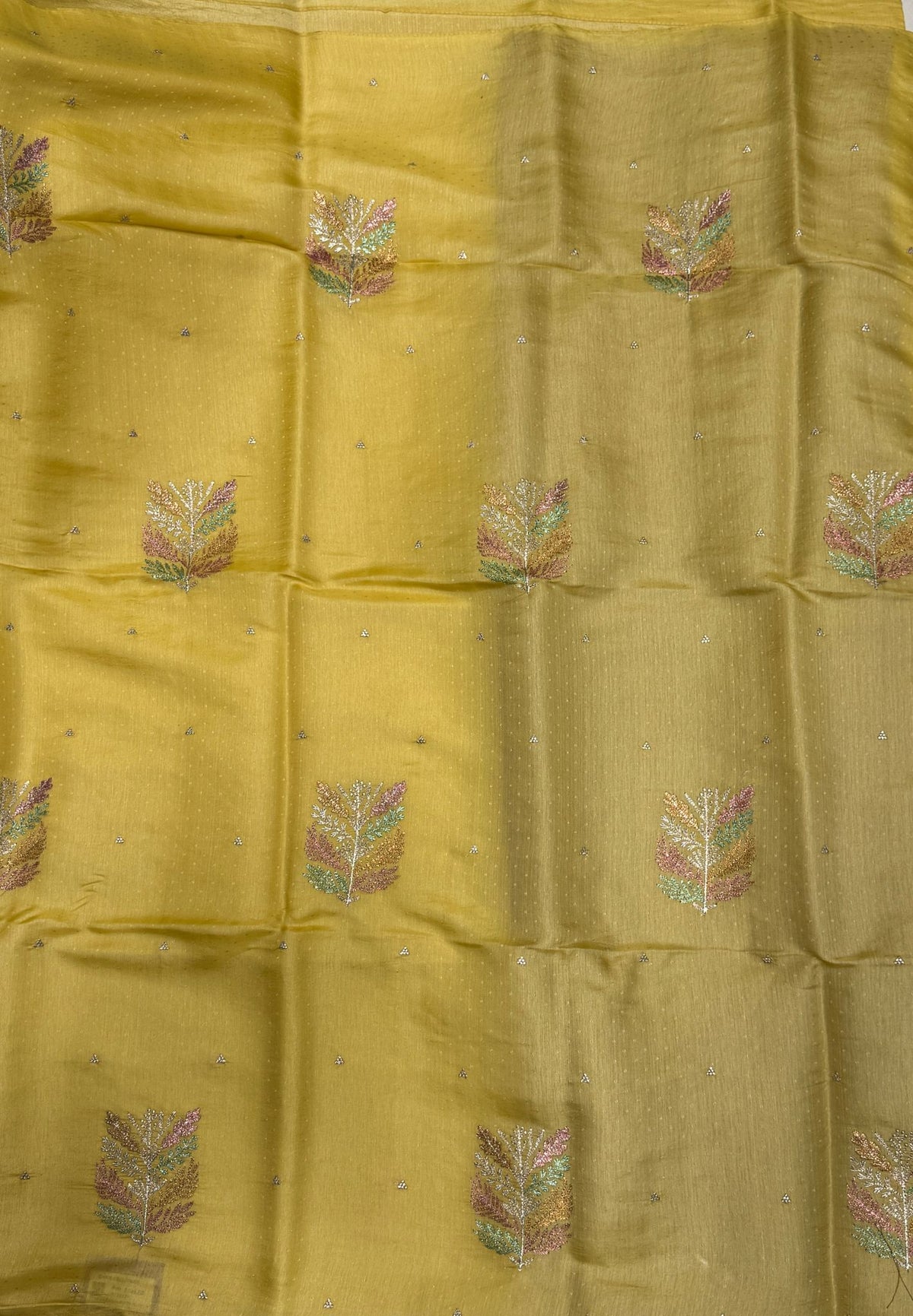 Blueberry Silk Saree-Muted Yellow in Leaf Butta Embroidery Border
