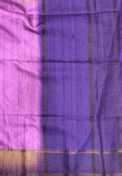 Matka Tussar Saree-Purple in Classic Striped Zari with Contrast Border