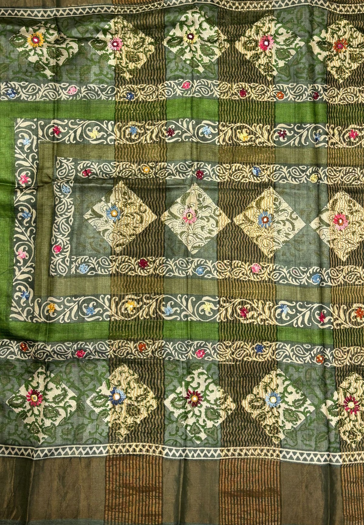 Pure Tussar Saree-Metalic Green with Mirror Work