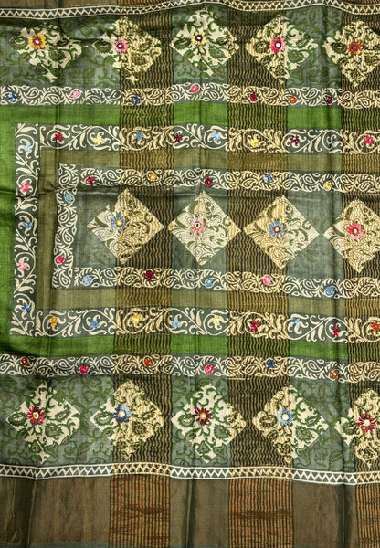Pure Tussar Saree-Metalic Green with Mirror Work