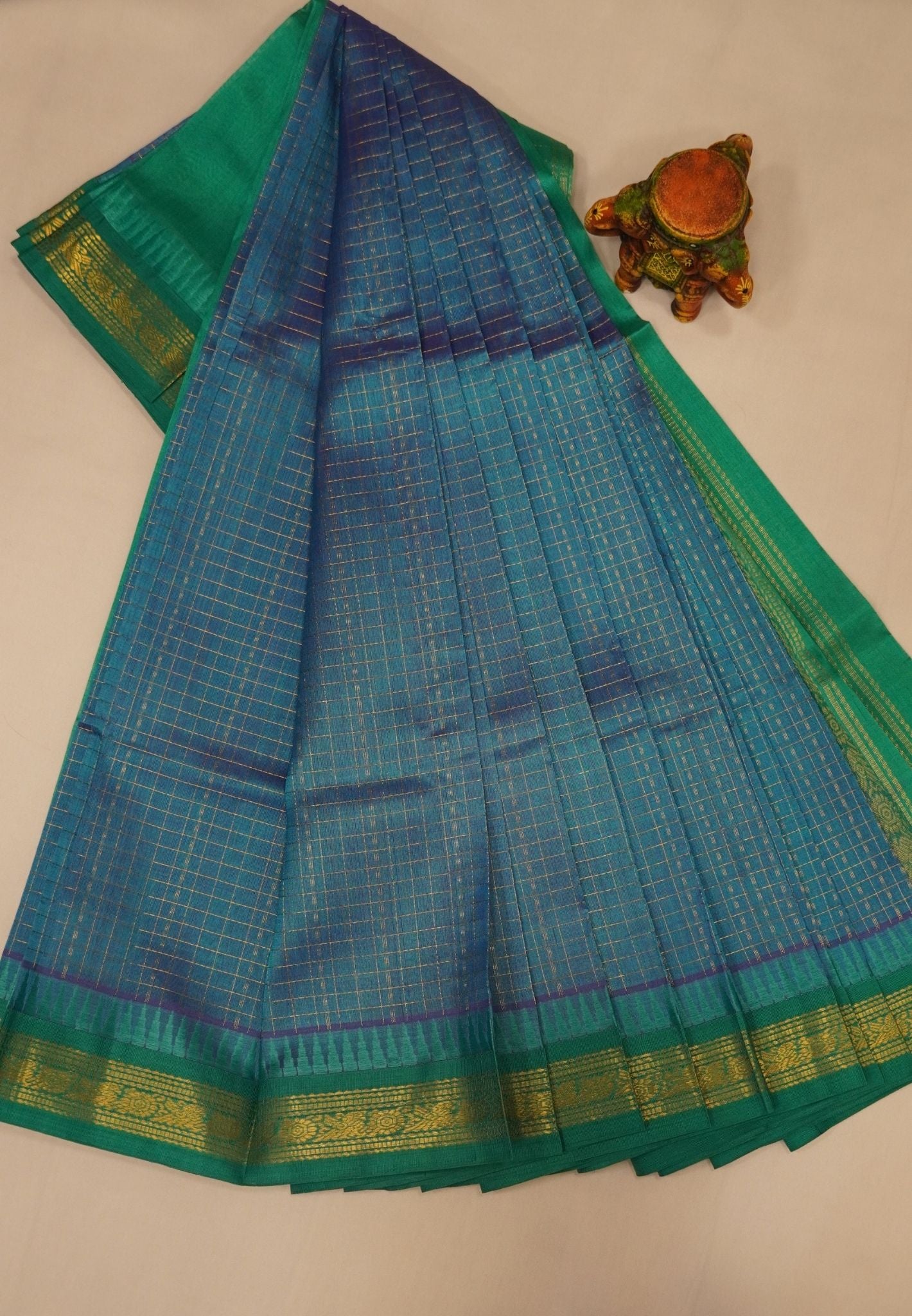 Pure Silk Cotton Saree-Copper Sulfate Blue in Golden Zari Checks with Contrast Border