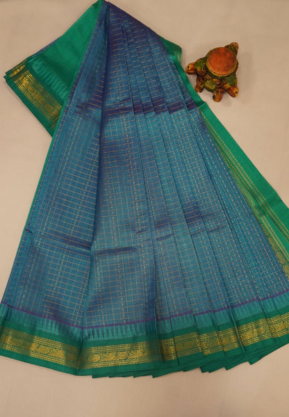 Pure Silk Cotton Saree-Copper Sulfate Blue in Golden Zari Checks with Contrast Border
