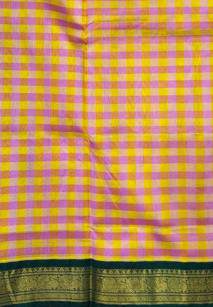 Pure Silk Cotton Saree–Peach in Checked Zari with Contrast Border