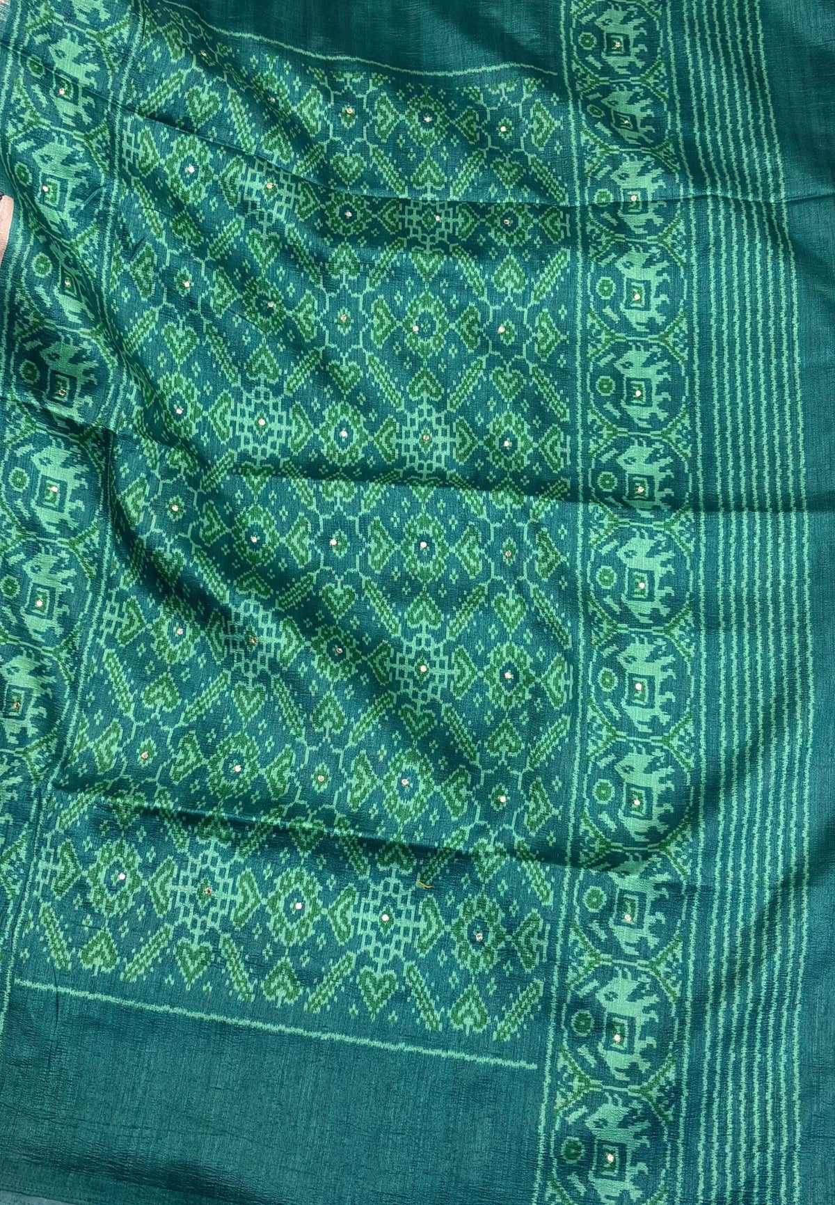 Pashmina Tussar Saree-Green in Kalamkari Floral & Peacock Border