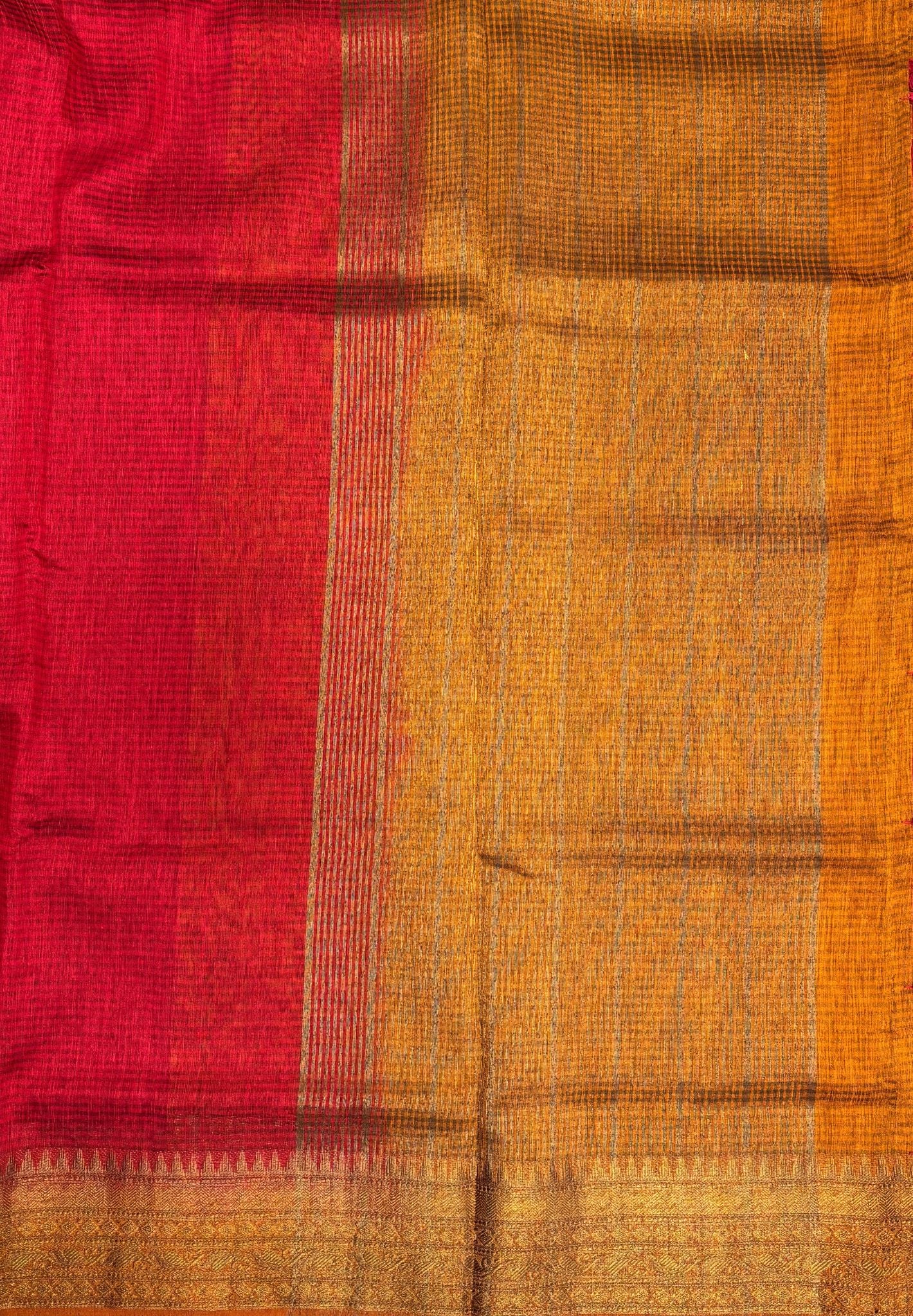 Bamboo Silk Saree-Red In Checked Zari Stripe Border