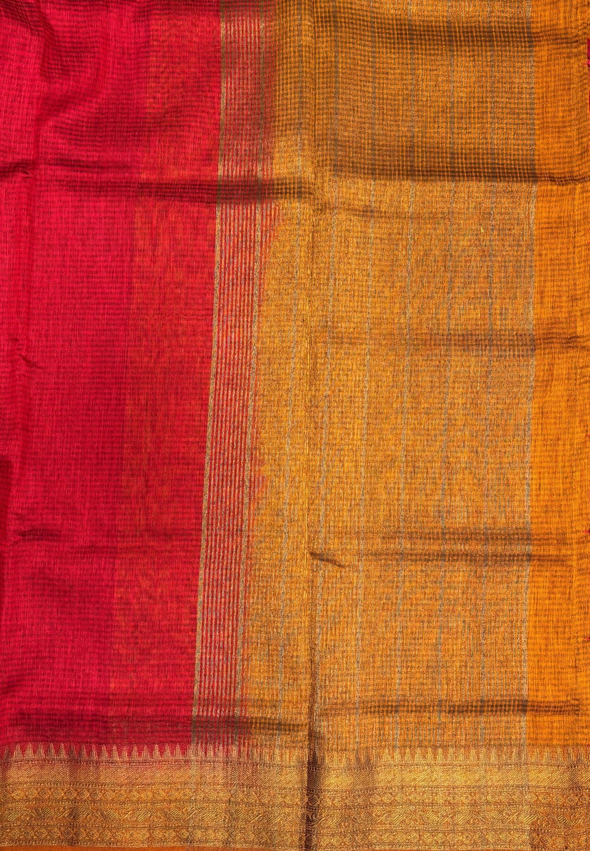Bamboo Silk Saree-Red In Checked Zari Stripe Border