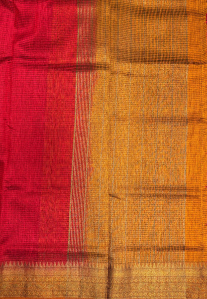 Bamboo Silk Saree-Red In Checked Zari Stripe Border