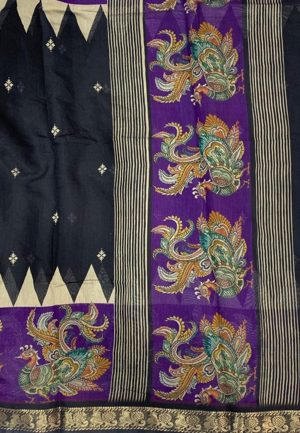 Malai Cotton Saree-Black with Kalamkari Border