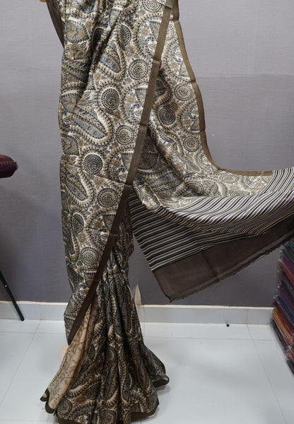 Pure Tussar Saree-Dark Sage Paisley Pattern