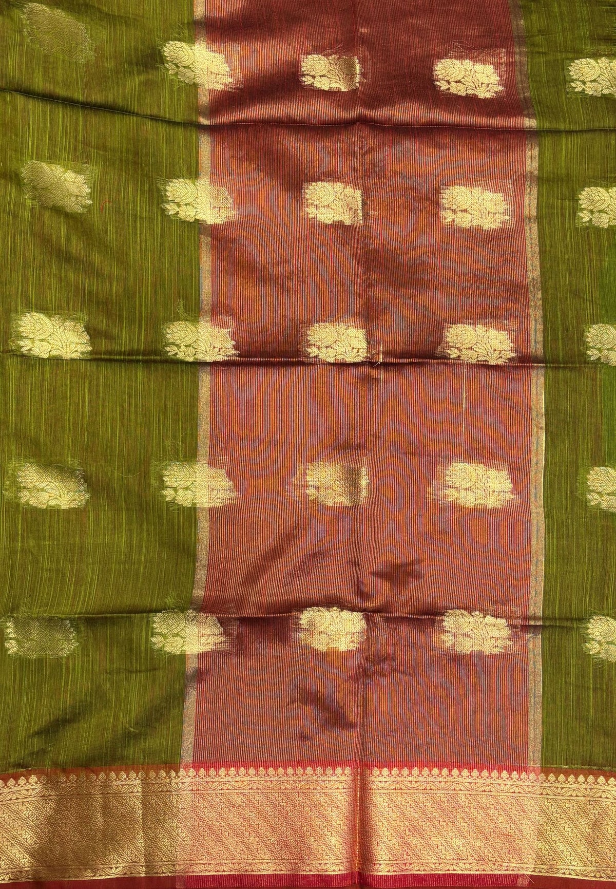 Handloom Silk Cotton Saree-Olive Green in Mini Butta Zari Border
