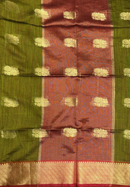 Handloom Silk Cotton Saree-Olive Green in Mini Butta Zari Border