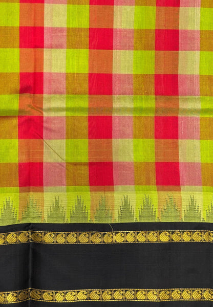 Pure Silk Cotton Saree–Light Green in Checked Zari with Contrast Border