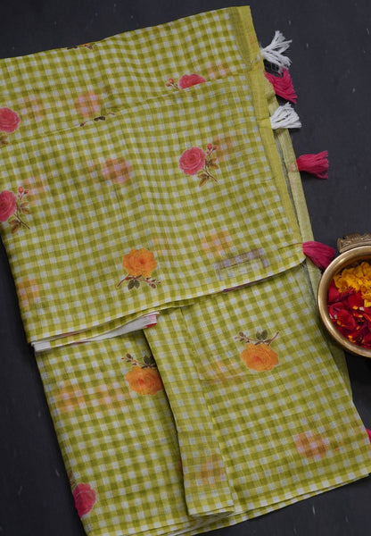Linen Saree - Checks Light Green