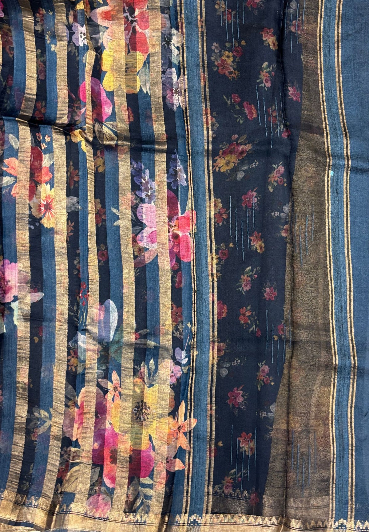 Pure Organza Tussar Saree-Blue In Multi-Stripe Zari Border