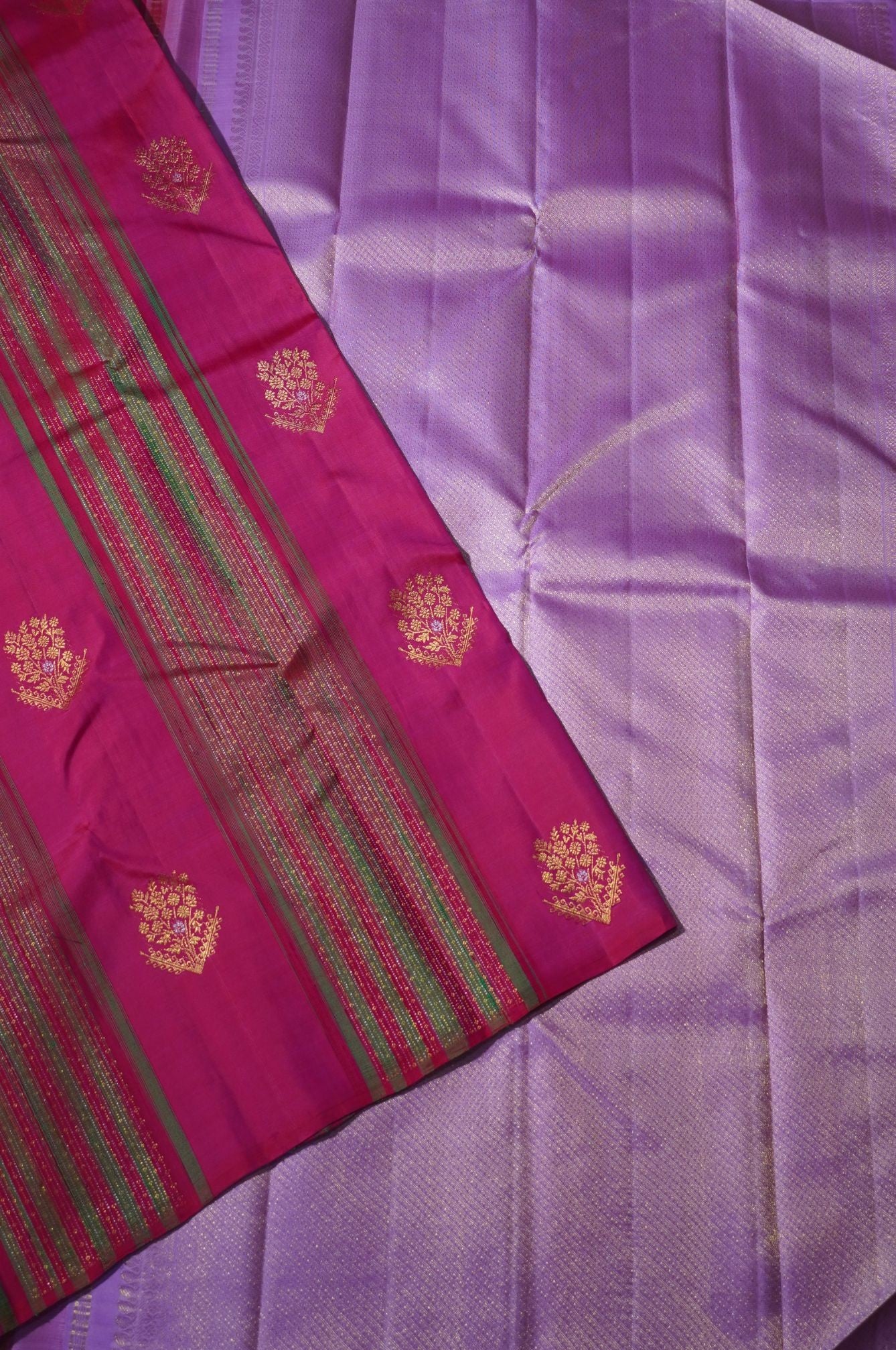 Pure Kanchipuram Silk Saree-Rani Pink with Floral Butta and Zari Vertical Stripes