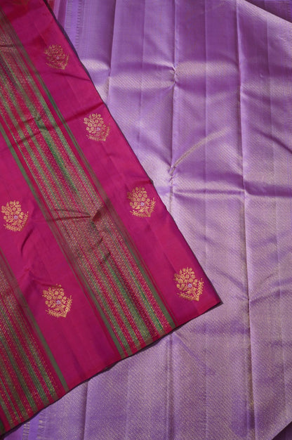 Pure Kanchipuram Silk Saree-Rani Pink with Floral Butta and Zari Vertical Stripes