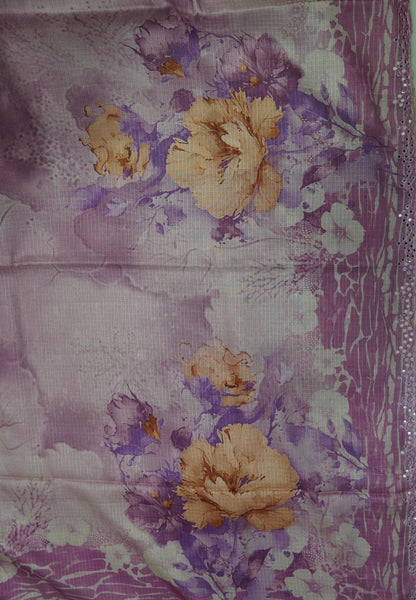 Matka Tussar Saree – Purple Floral Print with Scallop Border