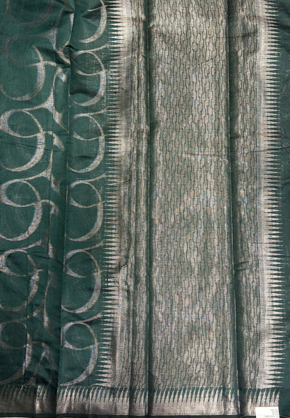 Tissue Silk Saree-Green In Curved Leaf Zari Border