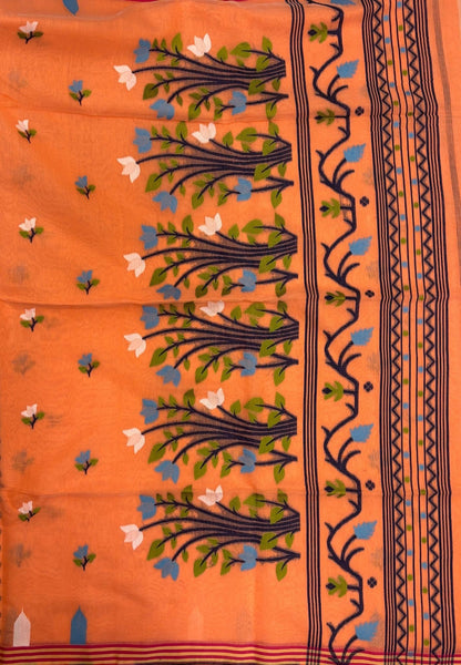 Handloom Cotton Saree-Light Orange In Lotus Floral Border