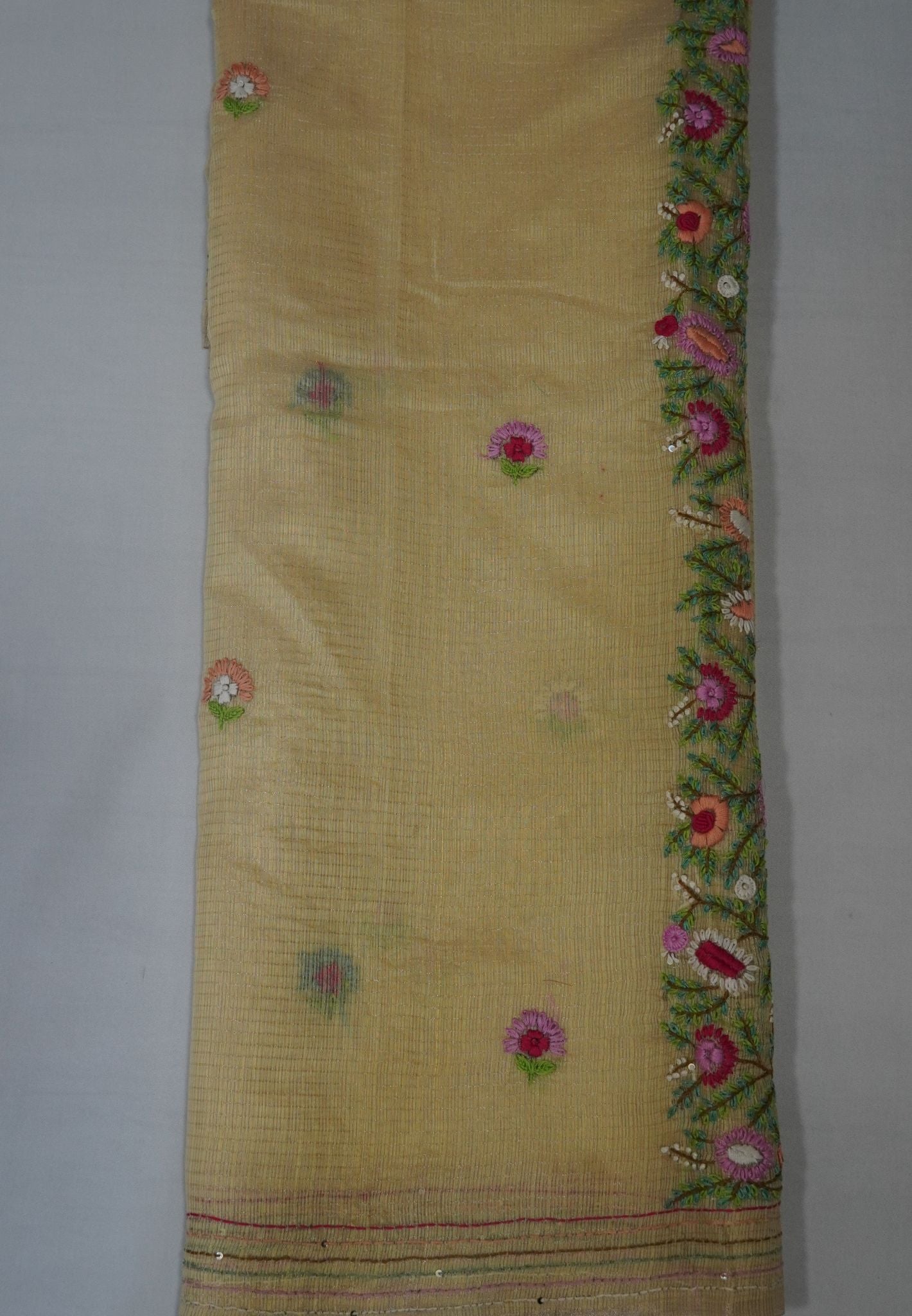 Zari Kota Saree-Yellow with Kantha Work