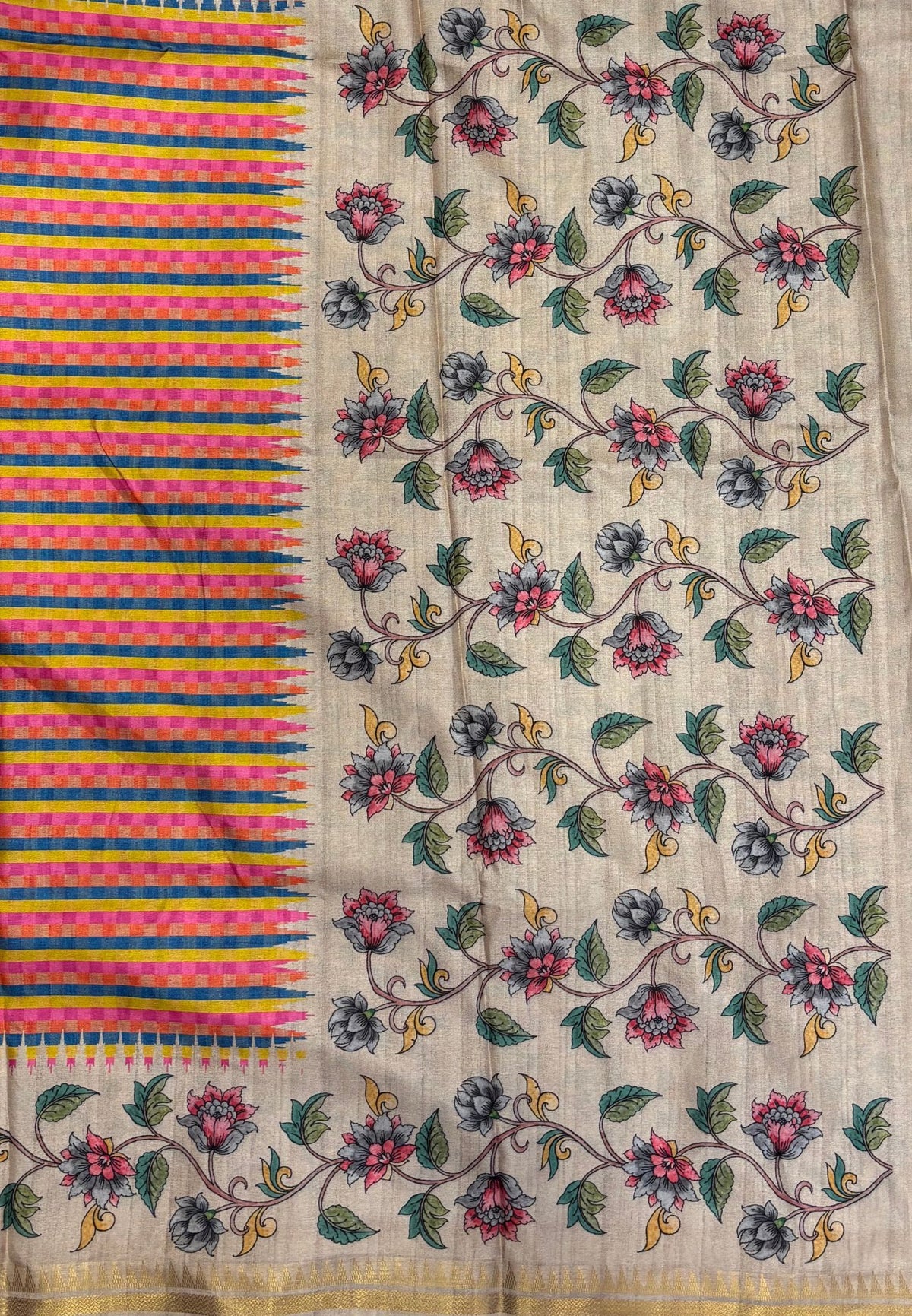 Semi Tussar Saree-Pink in Mini Checks Floral Border