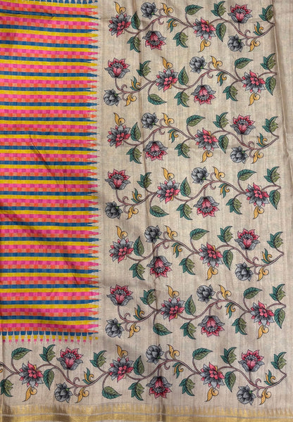 Semi Tussar Saree-Pink in Mini Checks Floral Border