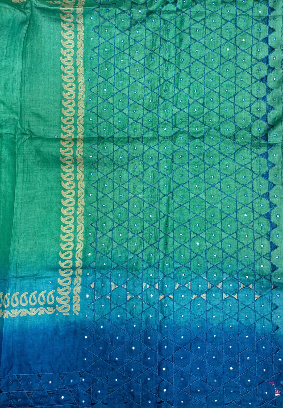 Pure Tussar Saree-Green In Diamond Jaali With Contrast Border