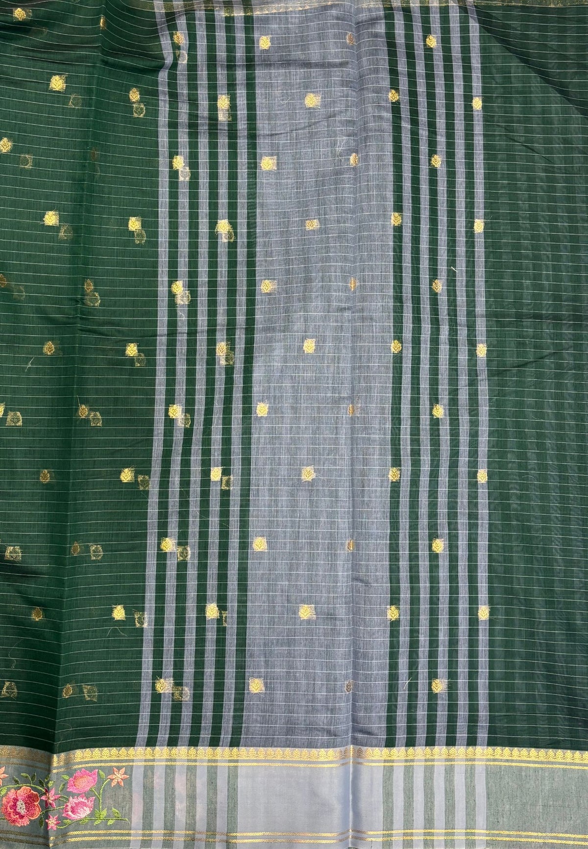 Handloom Cotton Saree-Bottle Green in Floral Vine Border with Zari Stripes