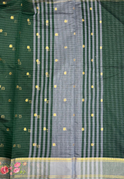 Handloom Cotton Saree-Bottle Green in Floral Vine Border with Zari Stripes
