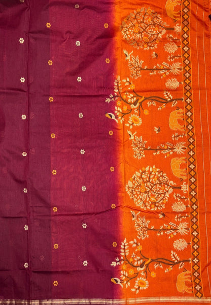 Gaji Silk Saree-Maroon In Warli Tree & Elephant With Contrast Border