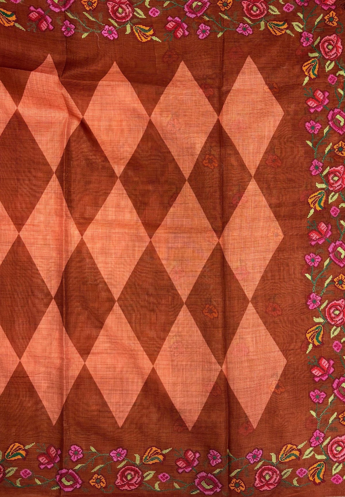 Tissue Linen Saree-Orange In Cross Stitch Floral Border